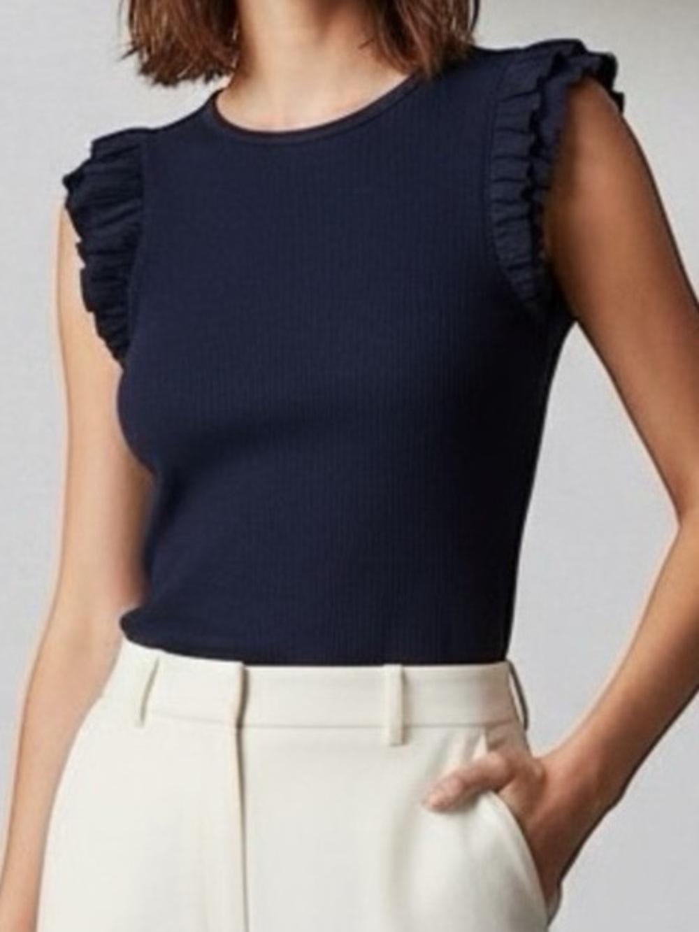 J. Crew Navy Rib Ruffle-Sleeve Tank - Picture 2 of 7